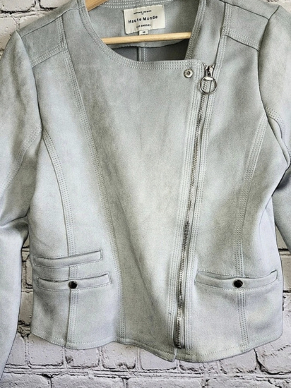 Haute Monde Faux Suede Moto Jacket Gray Medium